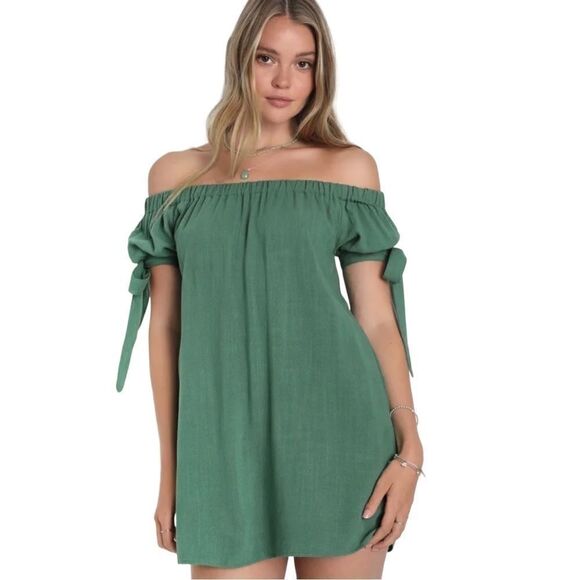 LULUS Al Fresco Evenings Olive Green Off-the-Shoulder Mini Dress Women’s Size XS - Picture 1 of 13